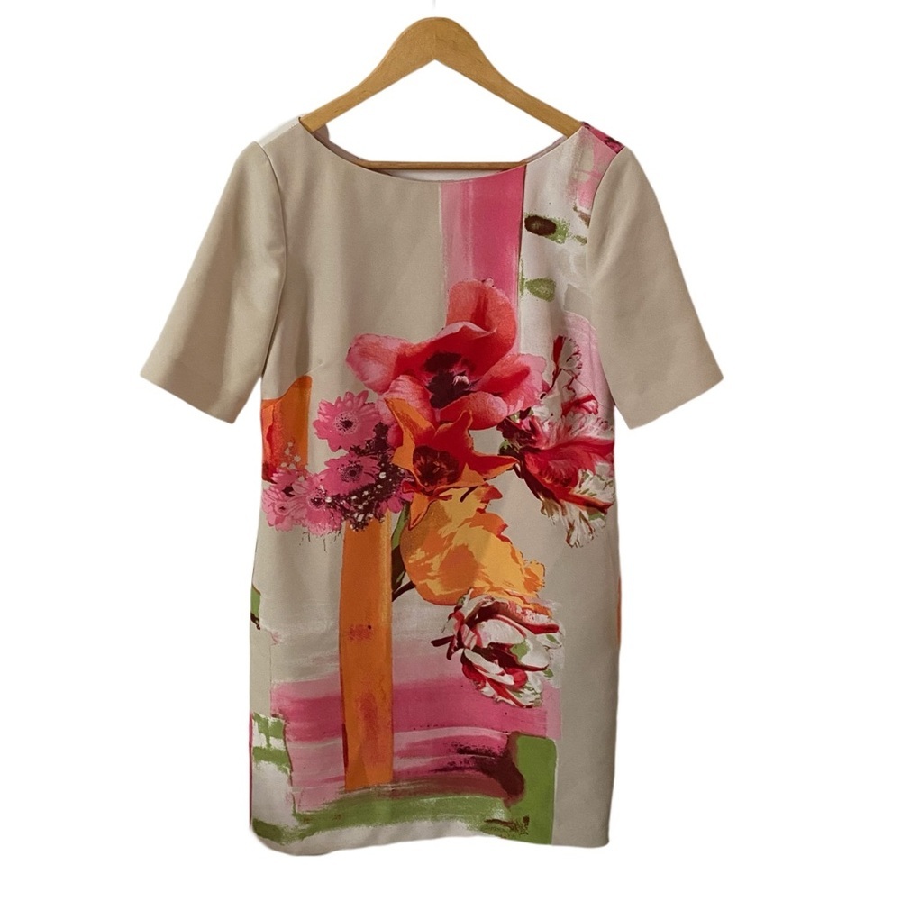 Gabby Skye Pink, Cream & Orange Abstract Floral Shift Sheath Dress with Pockets